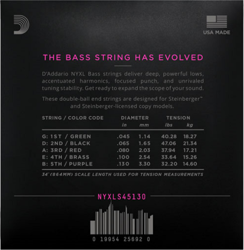 D'addario NYXL 5-String, Long Scale, Regular Light, Double Ball END, 45-130 Bass Guitar Strings - Poppa's Music