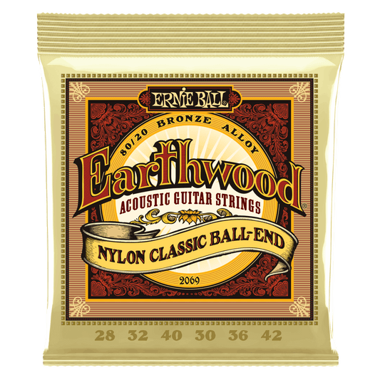 Ernie Ball Earthwood Folk Nylon - Clear & Gold Ball End - 80/20 Bronze Acoustic Guitar Strings - 28-42 Gauge - 2069 - Poppa's Music