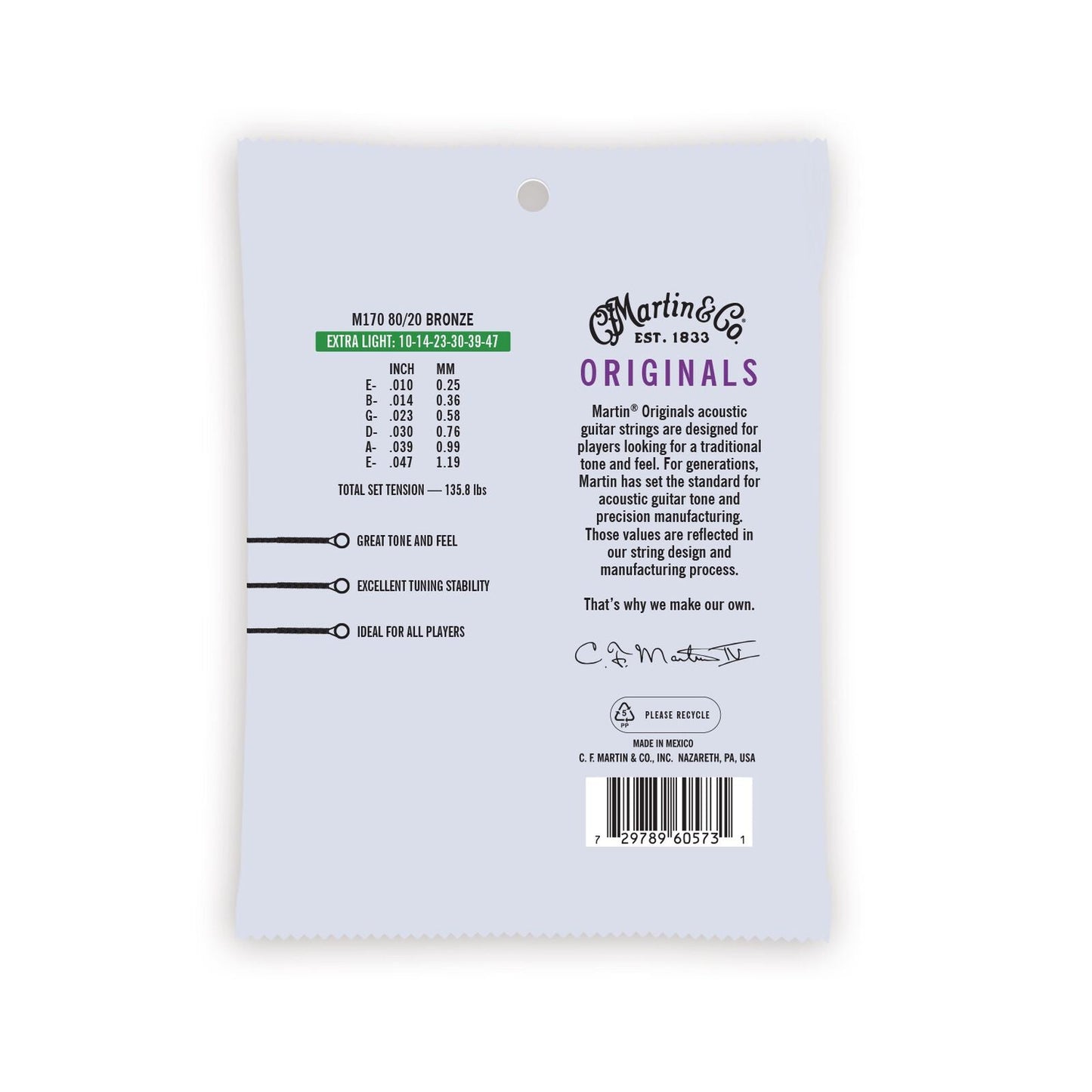 Martin Originals 80/20 Extra Light Acoustic Guitar String Set - M170 - Poppa's Music