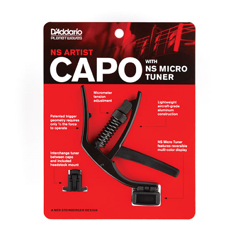 D'addario Planet Waves NS Artist Capo for Electric and Acoustic Guitar with NS Micro Headstock Tuner - Poppa's Music