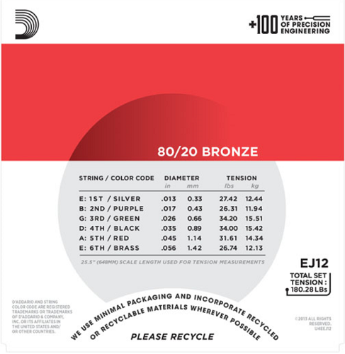 D'Addario 80/20 Bronze, Medium, 13-56 Acoustic Guitar Strings - EJ12 3-PACK - Poppa's Music