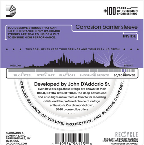 D'addario 80/20 Bronze, Custom Light, 11-52 Acoustic Guitar Strings - EJ13 - Poppa's Music