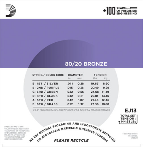 D'addario 80/20 Bronze, Custom Light, 11-52 Acoustic Guitar Strings - EJ13 - Poppa's Music