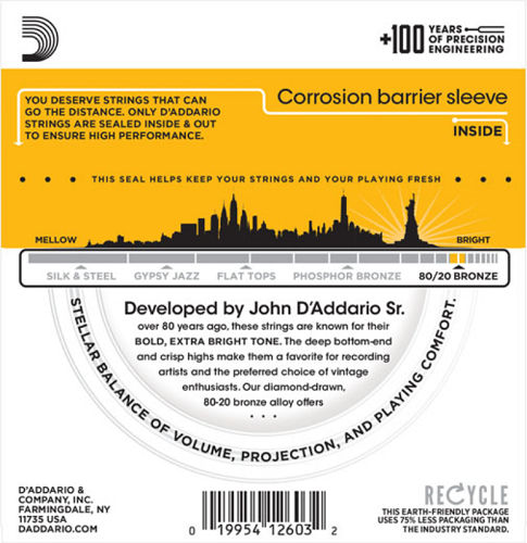 D'Addario 80/20 Bronze, Light Top/Medium Bottom/BLUEGRASS, 12-56 Acoustic Guitar Strings - EJ14 - Poppa's Music