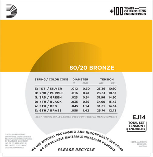 D'Addario 80/20 Bronze, Light Top/Medium Bottom/BLUEGRASS, 12-56 Acoustic Guitar Strings - EJ14 - Poppa's Music