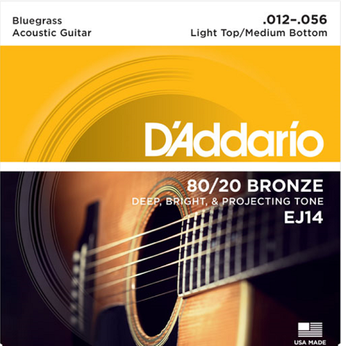D'Addario 80/20 Bronze, Light Top/Medium Bottom/BLUEGRASS, 12-56 Acoustic Guitar Strings - EJ14 - Poppa's Music 