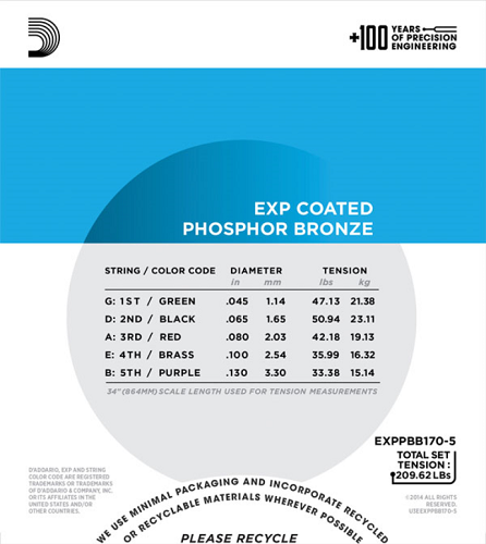 D'addario Coated Phosphor Bronze 5-String, Long Scale, 45-130 Acoustic Bass Guitar Strings - Poppa's Music