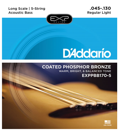 D'addario Coated Phosphor Bronze 5-String, Long Scale, 45-130 Acoustic Bass Guitar Strings - Poppa's Music