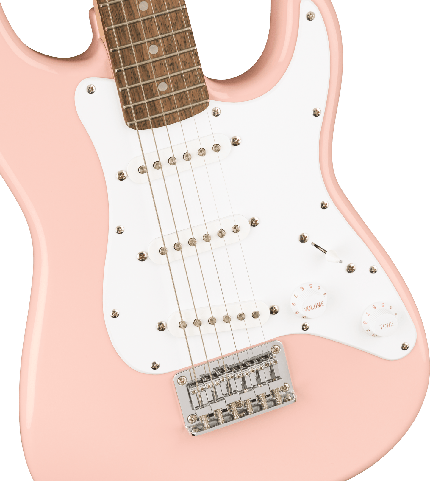 Squier Mini Stratocaster Laurel Fingerboard, White Pickguard, Shell Pink