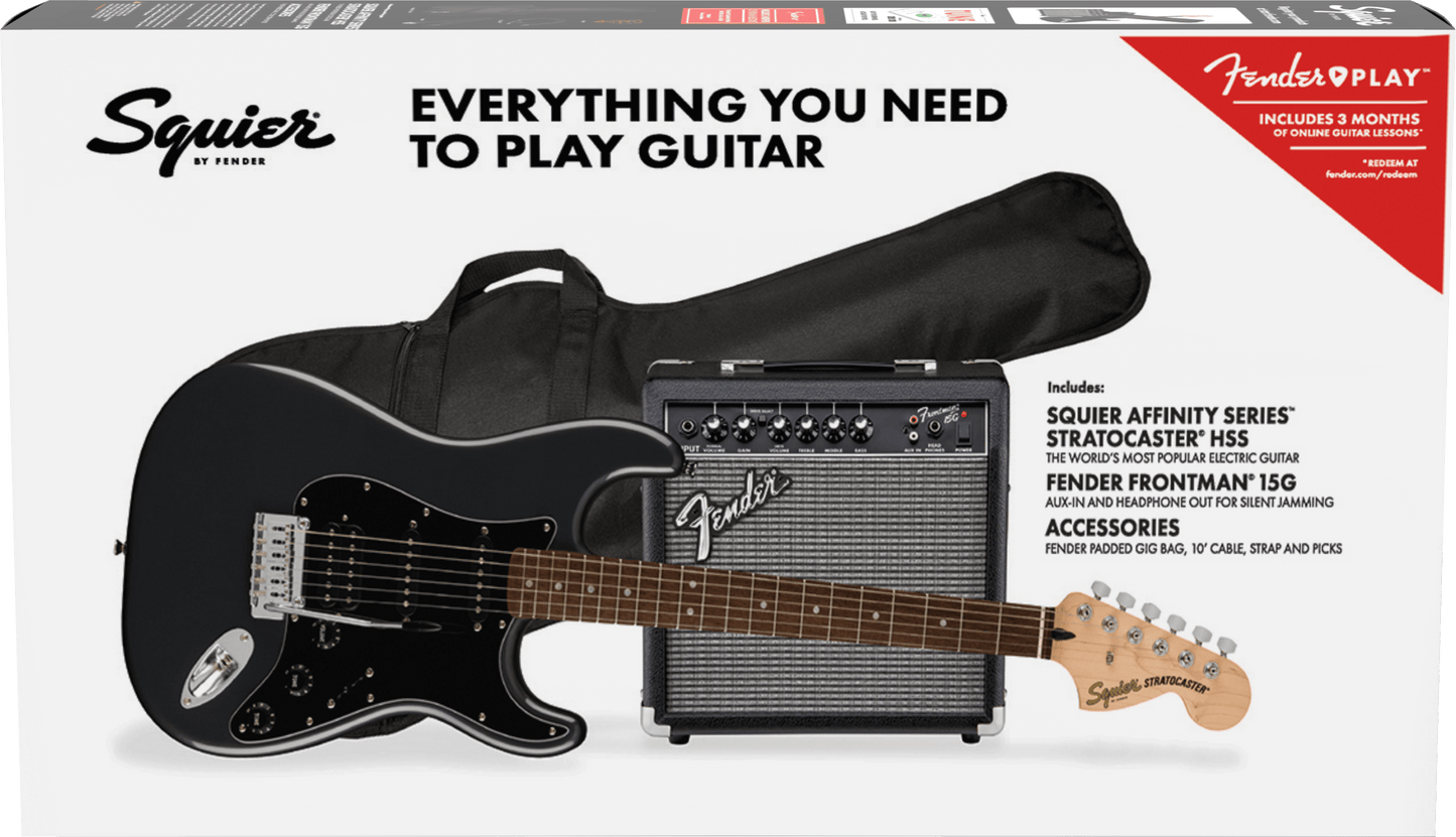 Squier Affinity Series® Stratocaster® HSS Pack, Laurel Fingerboard, Charcoal Frost Metallic, Gig Bag, 15G - 120V