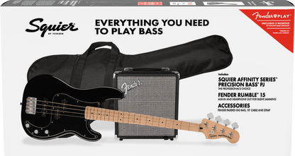 Squier Affinity Series® Precision Bass® PJ Pack, Maple Fingerboard, Black, Gig Bag, Rumble 15 - 120V