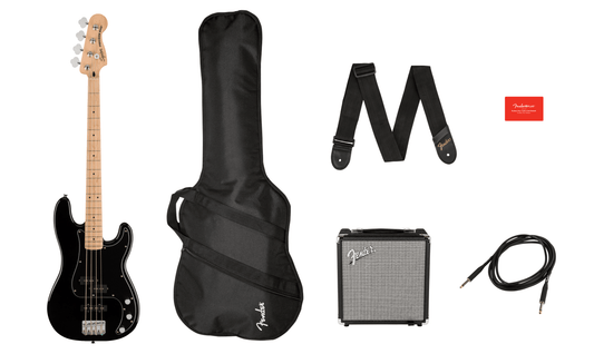 Squier Affinity Series® Precision Bass® PJ Pack, Maple Fingerboard, Black, Gig Bag, Rumble 15 - 120V