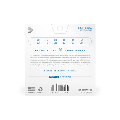 D'Addario 10-47 Light 12-String, XS 80/20 Bronze Coated Acoustic Guitar Strings XSABR1047-12
