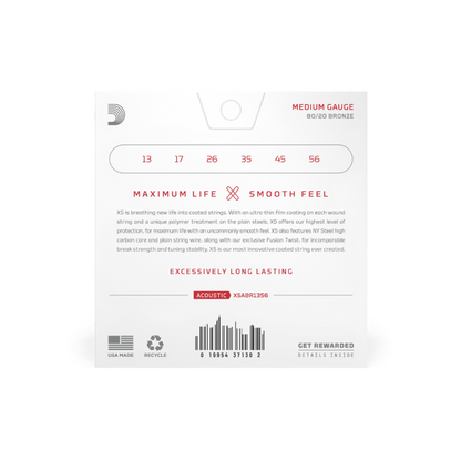 D'Addario 13-56 Medium, XS 80/20 Bronze Coated Acoustic Guitar Strings 3-Pack XSABR1356-3P