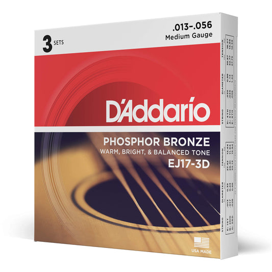 D'addario Phosphor Bronze, Medium, 13-56 Acoustic Guitar Strings (3-Sets) EJ17-3D