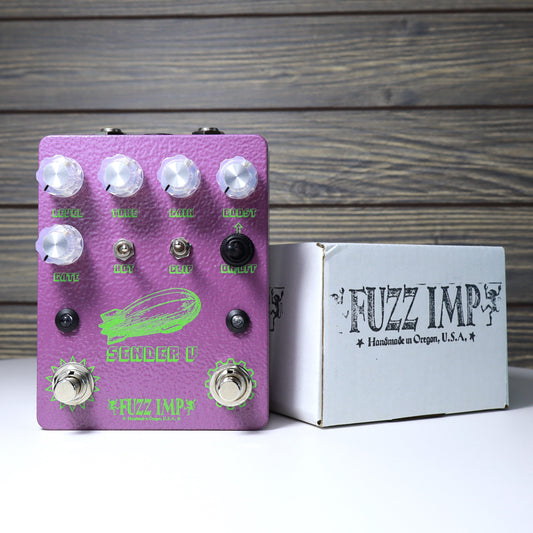 Fuzz Imp Sender V Pi Distortion with Heavy Metal Boost Guitar Pedal Hammered Purple Enclosure