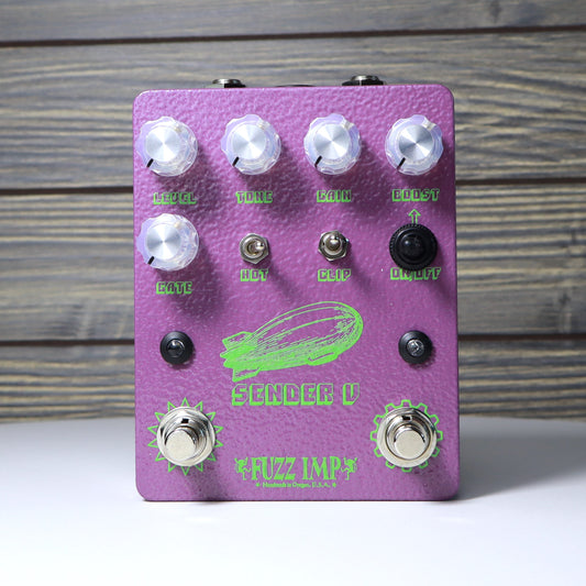 Fuzz Imp Sender V Pi Distortion with Heavy Metal Boost Guitar Pedal Hammered Purple Enclosure