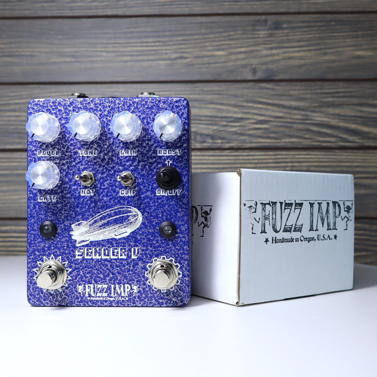 Fuzz Imp Sender V Pi Distortion with Heavy Metal Boost Guitar Pedal Hammered Blue Enclosure