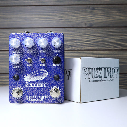 Fuzz Imp Sender V Pi Distortion with Heavy Metal Boost Guitar Pedal Hammered Blue Enclosure