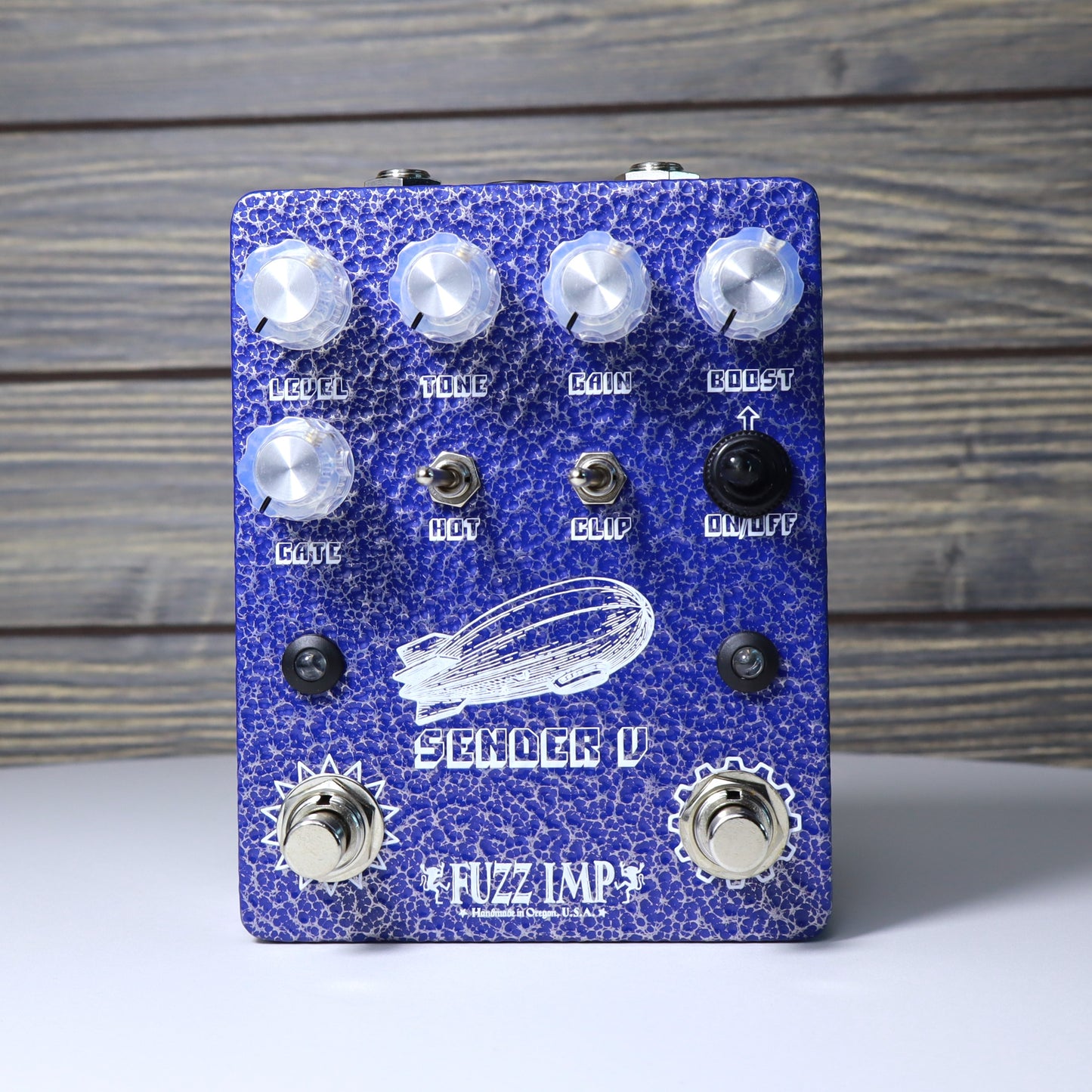 Fuzz Imp Sender V Pi Distortion with Heavy Metal Boost Guitar Pedal Hammered Blue Enclosure