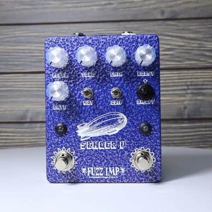 Fuzz Imp Sender V Pi Distortion with Heavy Metal Boost Guitar Pedal Hammered Blue Enclosure