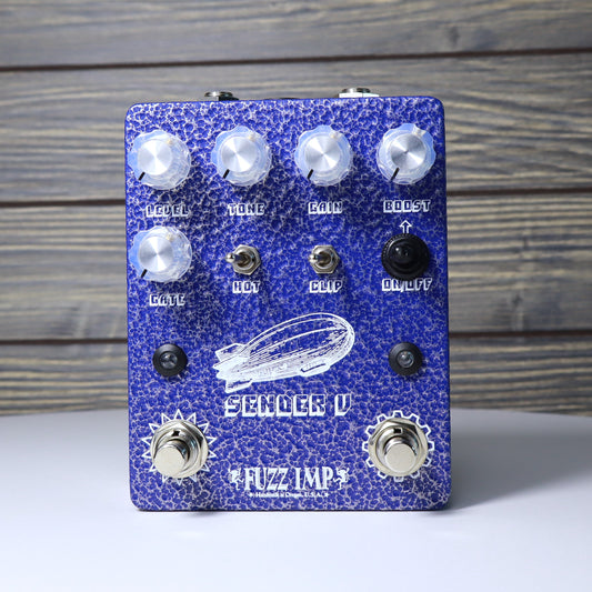 Fuzz Imp Sender V Pi Distortion with Heavy Metal Boost Guitar Pedal Hammered Blue Enclosure