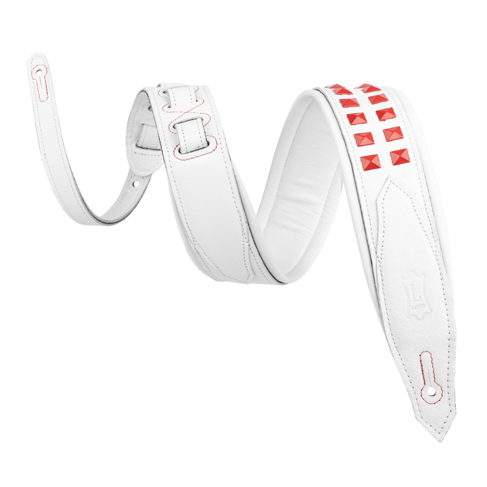 Levy's White Leather Red Studded Rebel Series Guitar Strap M81GRPDX-WHT