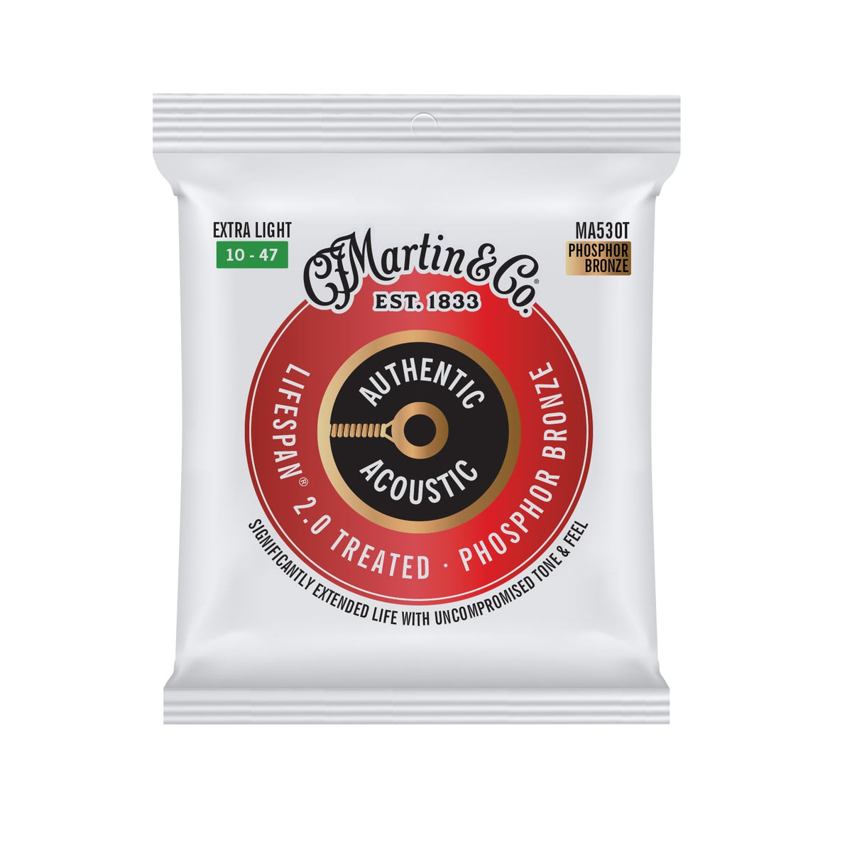 Martin Authentic MA530T Acoustic Lifespan 2.0 Guitar Strings Extra Light 10-47 Phosphor Bronze
