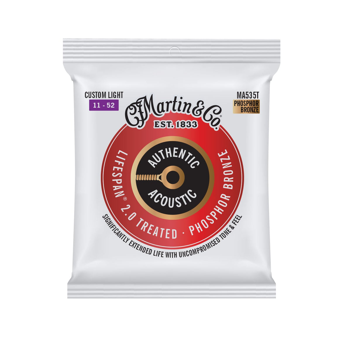Martin Authentic MA535T Acoustic Lifespan 2.0 Guitar Strings Custom Light 11-52 Phosphor Bronze