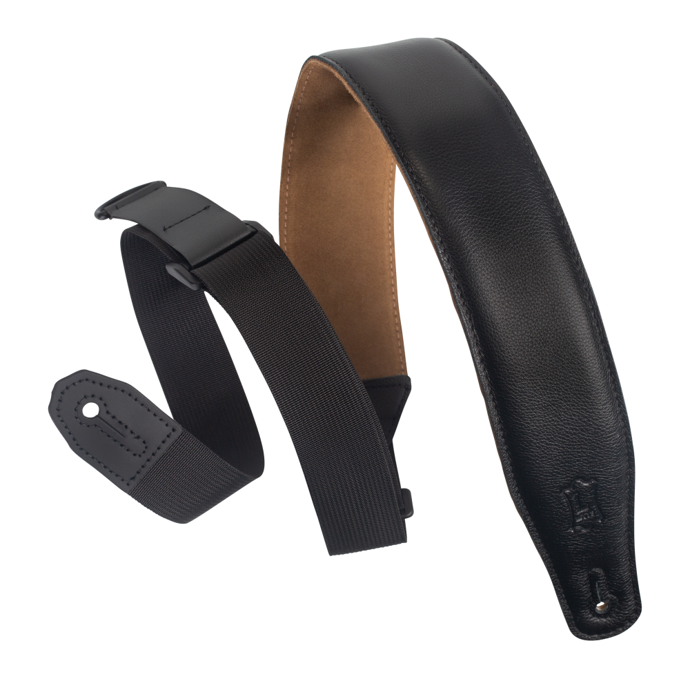 Levy's 2.5" Right Height Garment Leather Guitar Strap Featuring RipChord Technology™ for Easy Adjust. Black Leather Upper With Padding And Suede Backing.