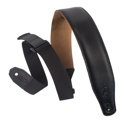 Levy's 2.5" Right Height Garment Leather Guitar Strap Featuring RipChord Technology™ for Easy Adjust. Black Leather Upper With Padding And Suede Backing.