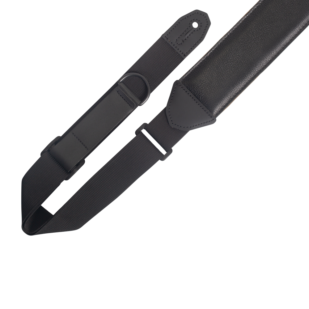 Levy's 2.5" Right Height Garment Leather Guitar Strap Featuring RipChord Technology™ for Easy Adjust. Black Leather Upper With Padding And Suede Backing.