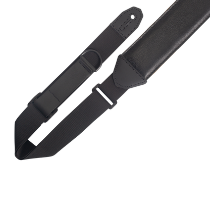 Levy's 2.5" Right Height Garment Leather Guitar Strap Featuring RipChord Technology™ for Easy Adjust. Black Leather Upper With Padding And Suede Backing.
