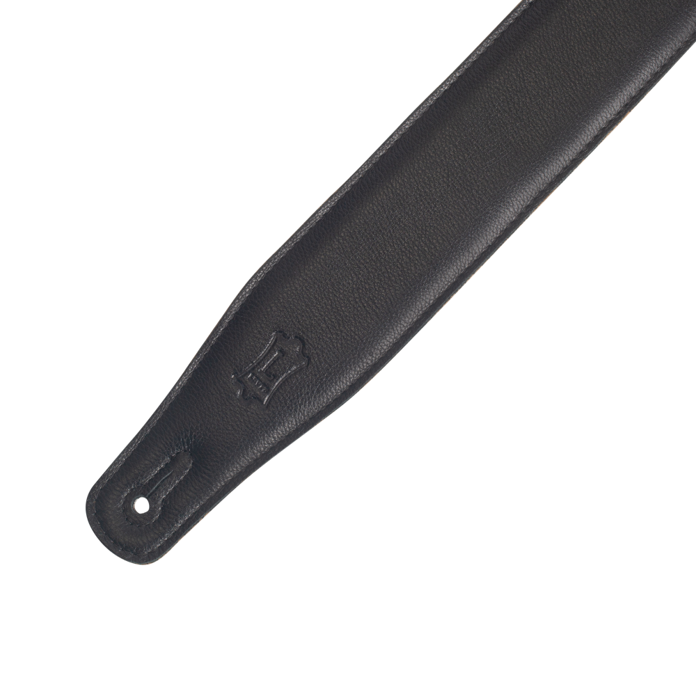 Levy's 2.5" Right Height Garment Leather Guitar Strap Featuring RipChord Technology™ for Easy Adjust. Black Leather Upper With Padding And Suede Backing.