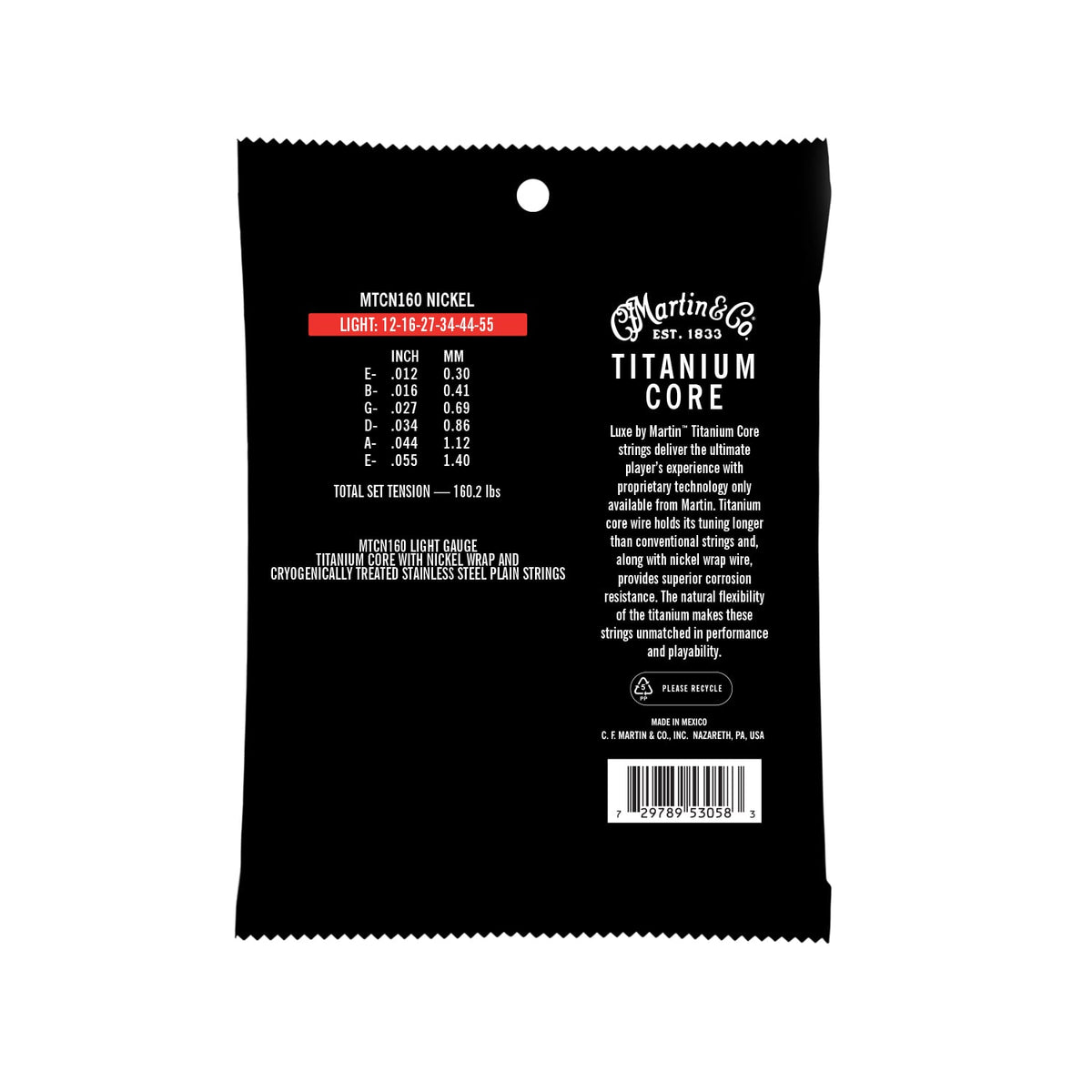 Martin Guitars MTCN160 Titanium Core Nickel Wrap Light Tension Acoustic Guitar Strings 12-55