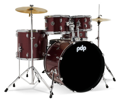 Center Stage Ruby Red Sparkle 5pc Kit 7x10, 8x12, 14x16F, 16x22, 5x14 Snare. Hardware, Cymbals & Throne Included PDCE2215KTRR
