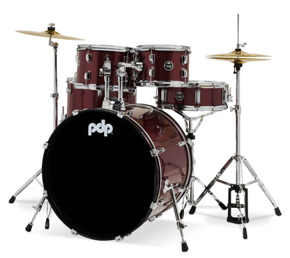 Center Stage Ruby Red Sparkle 5pc Kit 7x10, 8x12, 14x16F, 16x22, 5x14 Snare. Hardware, Cymbals & Throne Included PDCE2215KTRR