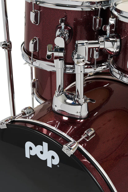 Center Stage Ruby Red Sparkle 5pc Kit 7x10, 8x12, 14x16F, 16x22, 5x14 Snare. Hardware, Cymbals & Throne Included PDCE2215KTRR