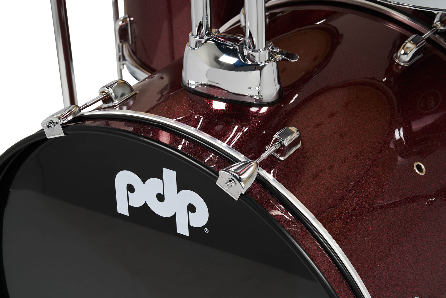 Center Stage Ruby Red Sparkle 5pc Kit 7x10, 8x12, 14x16F, 16x22, 5x14 Snare. Hardware, Cymbals & Throne Included PDCE2215KTRR