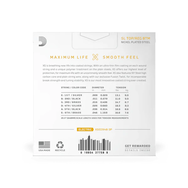 D'Addario 09-46 Super Lt Top/Reg Btm, XS Nickel Coated Electric Guitar Strings 3-Pack XSE0946-3P