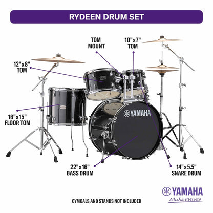 Yamaha Rydeen 5 Piece Shell Pack with 22" Bass Drum, Black Glitter