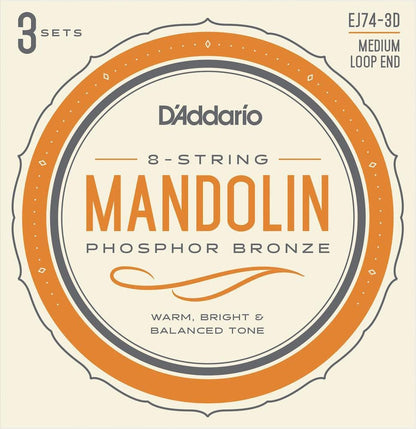 D'Addario EJ74 3 Pack Mandolin Strings, Phosphor Bronze, Medium, 11-40 - Poppa's Music 