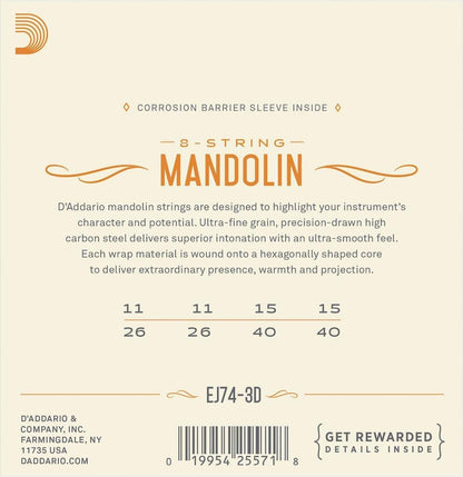 D'Addario EJ74 3 Pack Mandolin Strings, Phosphor Bronze, Medium, 11-40 - Poppa's Music 