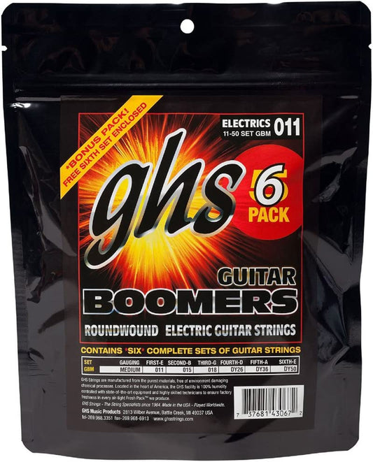 GHS BOOMERS Nickel-Plated Electric Guitar Strings, Medium, (.011-.050) - 6 PACKS - Poppa's Music 