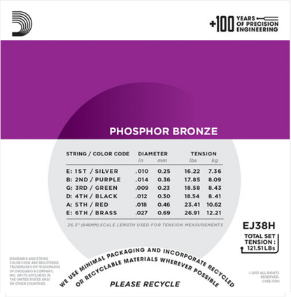 D'Addario Phosphor Bronze, High Strung/Nashville Tuning,10-27 Acoustic Guitar Strings EJ38H - Poppa's Music 