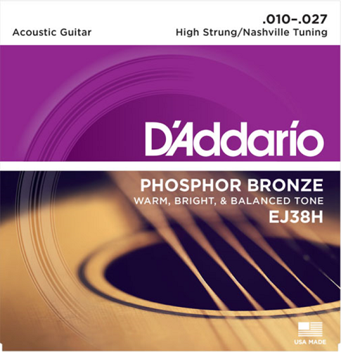 D'Addario Phosphor Bronze, High Strung/Nashville Tuning,10-27 Acoustic Guitar Strings EJ38H - Poppa's Music 