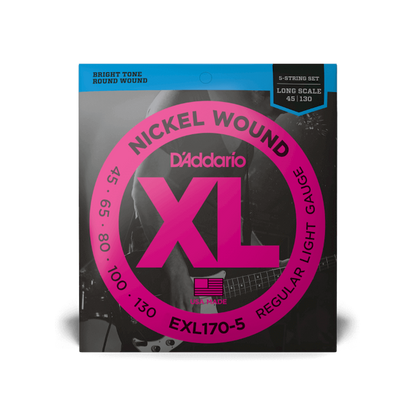 D'Addario XL Nickel 45-130 Regular Light 5-String, Long Scale, Bass Guitar Strings EXL170-5 - Poppa's Music 