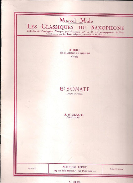 Classique Saxophone Mib No.92 Sonate No.6 (Flute) by Bach, Arranged by Mule - 524-01819 - Poppa's Music 