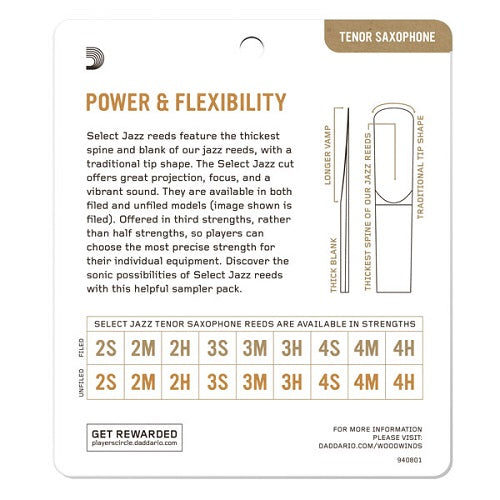 D'addario Select Jazz Tenor Sax Reed Sampler Pack - Poppa's Music 