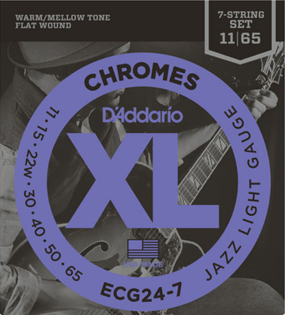 D'addario Chromes Flat Wound, 7-String, Jazz Light, 11-65 Electric Guitar Strings - ECG24-7 - Poppa's Music 